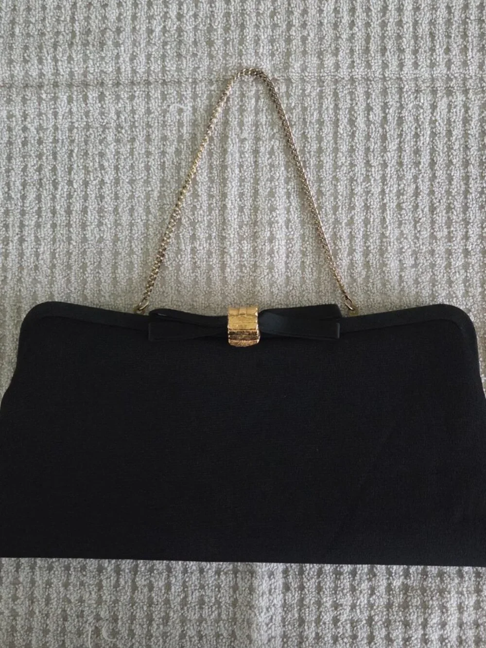 Vintage Black Satin Evening Bag Formal Gold Tone Clasp with Bow Hidden Chain